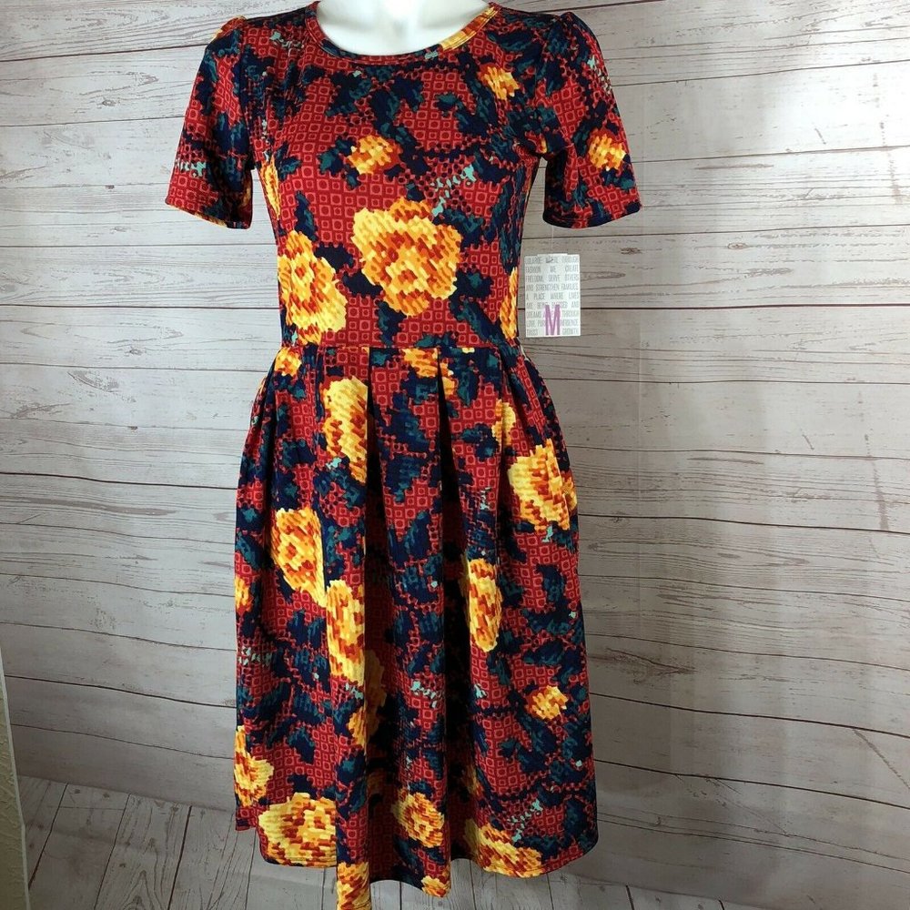 LuLaRoe Amelia Fit & Flare Dress Womens Size M Floral Red Yellow Blue Print NWT